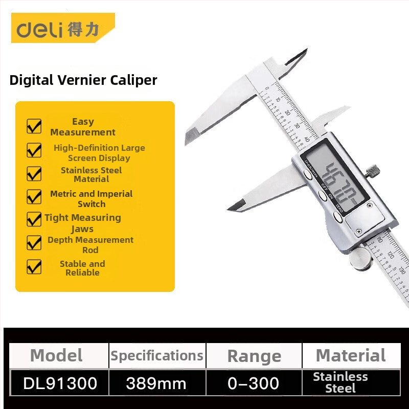 Deli цифров штангенциркул от неръждаема стомана, с цифров дисплей, индустриален клас