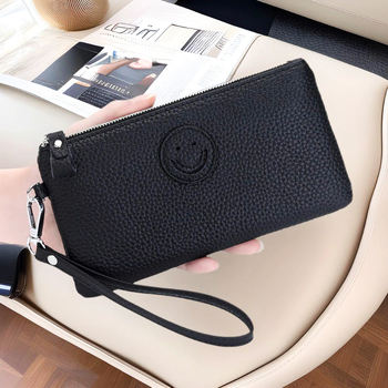 Kožna ženska clutch novčanik sa zatvaračem i dizajnom osmijeha, mekana teleća koža, horizontalni kvadratni oblik, velika zapremina, unutarnji džepovi za telefon i osobnu iskaznicu