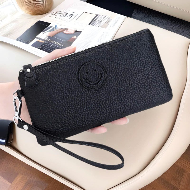 Kožna ženska clutch novčanik sa zatvaračem i dizajnom osmijeha, mekana teleća koža, horizontalni kvadratni oblik, velika zapremina, unutarnji džepovi za telefon i osobnu iskaznicu