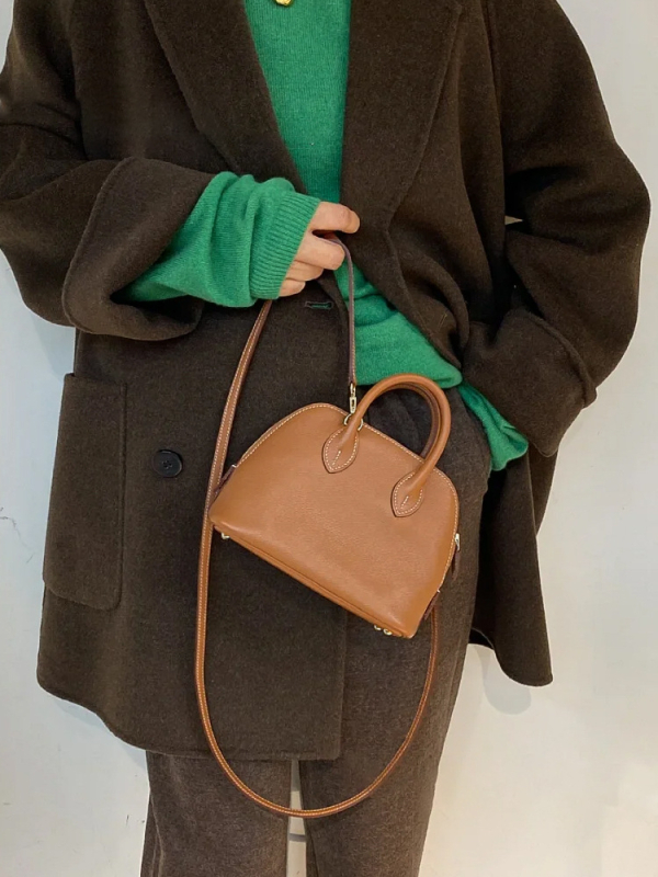 Geantă de damă cu fermoar din piele naturală de primă calitate – formă scoică, crossbody cu o singură curea, compactă pentru ziua de zi, căptușită cu Super Fiber