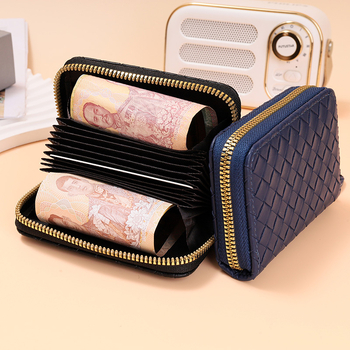 Γυναικείος θήκη καρτών PU με υφαντό σχεδιασμό Ακορντον, φερμουάρ, πολλαπλές θήκες για κάρτες, πορτοφόλι για ID και τραπεζικές κάρτες