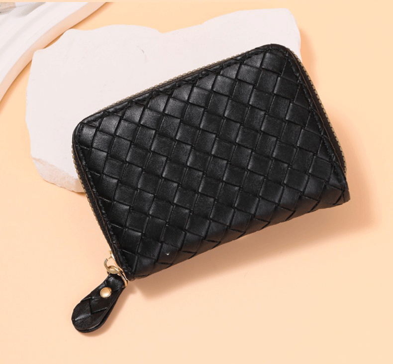 Γυναικείος θήκη καρτών PU με υφαντό σχεδιασμό Ακορντον, φερμουάρ, πολλαπλές θήκες για κάρτες, πορτοφόλι για ID και τραπεζικές κάρτες