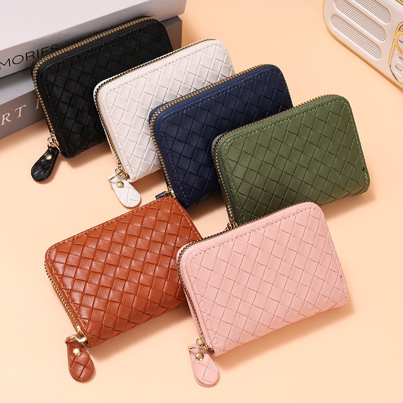 Γυναικείος θήκη καρτών PU με υφαντό σχεδιασμό Ακορντον, φερμουάρ, πολλαπλές θήκες για κάρτες, πορτοφόλι για ID και τραπεζικές κάρτες