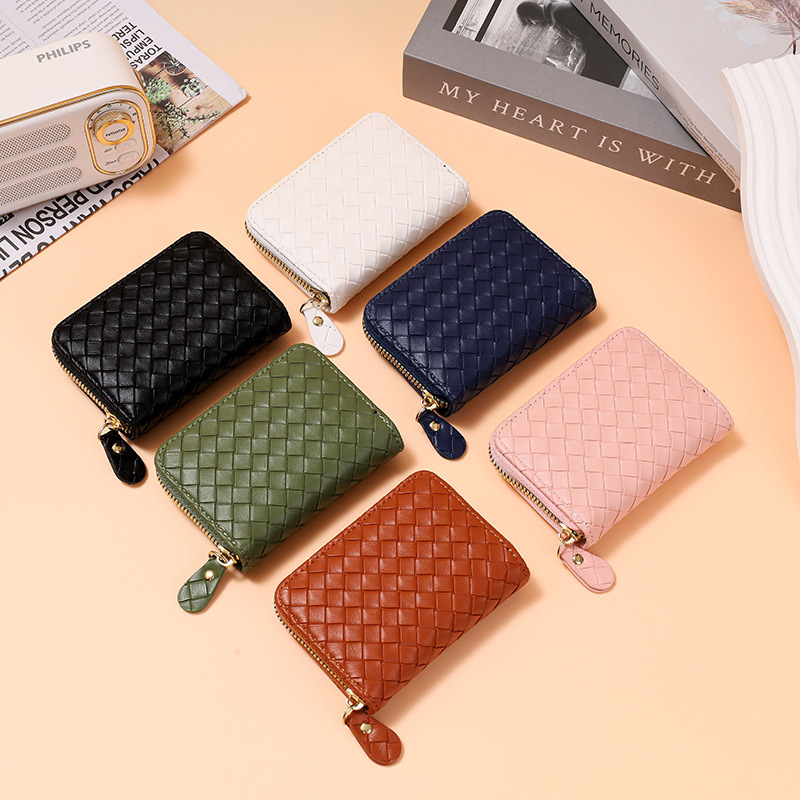 Γυναικείος θήκη καρτών PU με υφαντό σχεδιασμό Ακορντον, φερμουάρ, πολλαπλές θήκες για κάρτες, πορτοφόλι για ID και τραπεζικές κάρτες