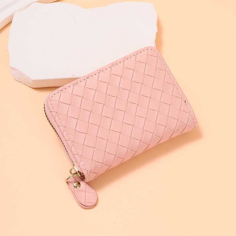 Γυναικείος θήκη καρτών PU με υφαντό σχεδιασμό Ακορντον, φερμουάρ, πολλαπλές θήκες για κάρτες, πορτοφόλι για ID και τραπεζικές κάρτες