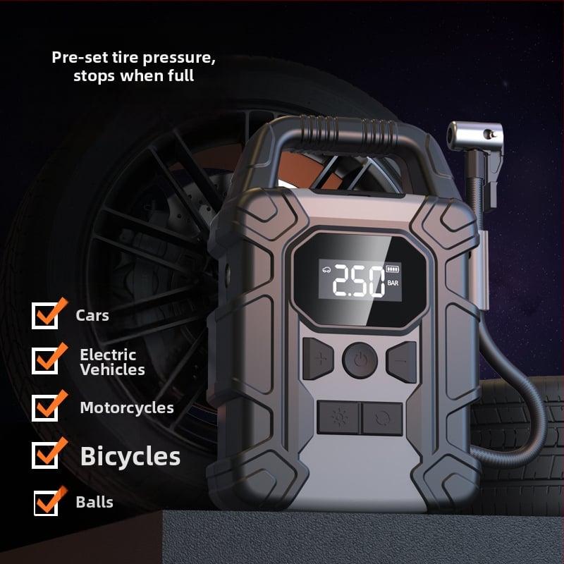 Bežična auto pumpa za zrak s digitalnim zaslonom, višenamjenska s više mlaznica, 120W, 12V, USB punjenje, LED svjetlo, mjerač tlaka guma
