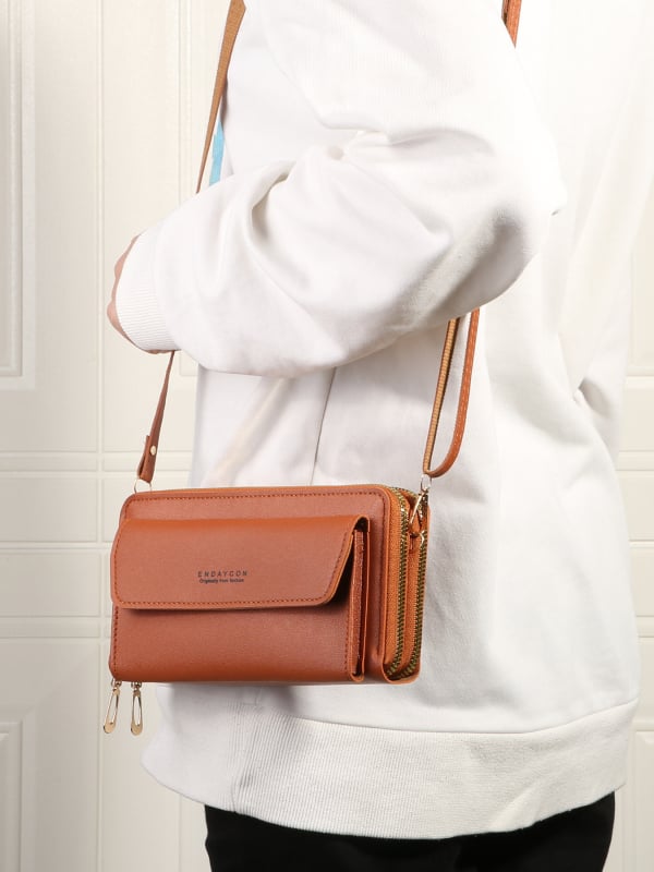 PU crossbody torbica za mobitel, mali kvadratni oblik, dvostruki zip, laminirani unutarnji pretinac, poliester podstava