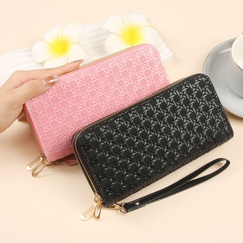 Portofel clutch pentru femei din PU patentat, cu model țesut, fermoar dublu, capacitate mare, geantă pentru telefon
