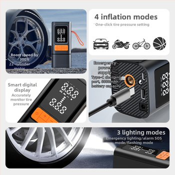Autopumpa na auto s automatickým vypínaním po dosiahnutí nastaveného tlaku, meranie tlaku v pneumatikách, osvetlenie, digitálny displej, USB nabíjanie