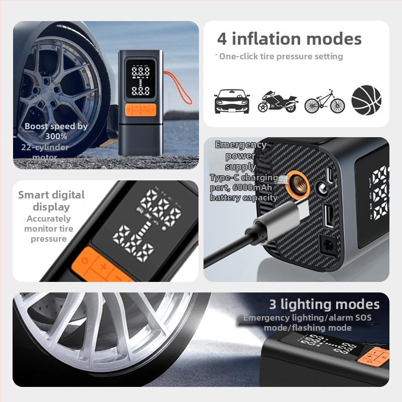 Autopumpa na auto s automatickým vypínaním po dosiahnutí nastaveného tlaku, meranie tlaku v pneumatikách, osvetlenie, digitálny displej, USB nabíjanie
