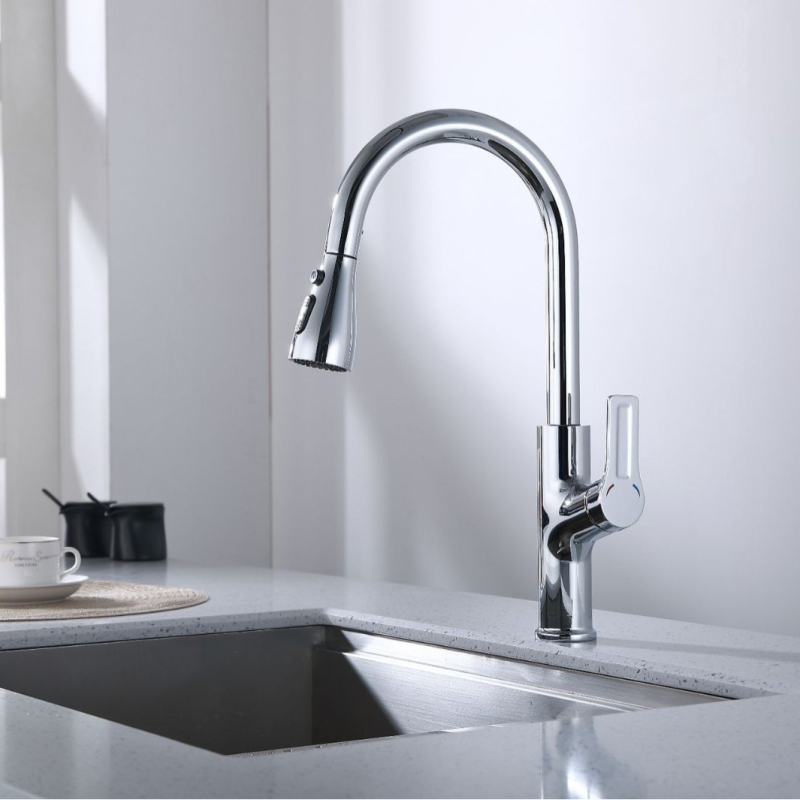 Kuhinjski faucet za toplu i hladnu vodu, rotirajuća izvučna mlaznica, bakar, keramički disk ventil, 1,6 MPa, 0-90°C