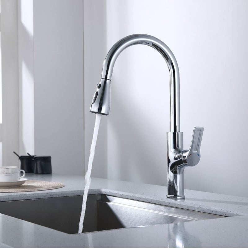 Kuhinjski faucet za toplu i hladnu vodu, rotirajuća izvučna mlaznica, bakar, keramički disk ventil, 1,6 MPa, 0-90°C