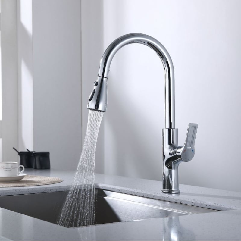 Kuhinjski faucet za toplu i hladnu vodu, rotirajuća izvučna mlaznica, bakar, keramički disk ventil, 1,6 MPa, 0-90°C