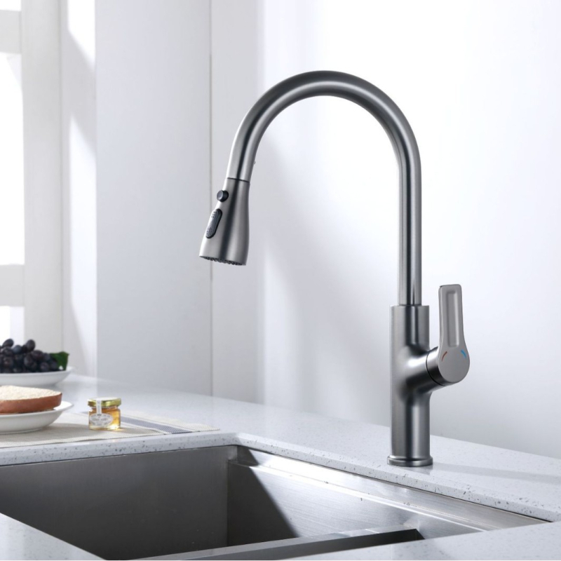 Kuhinjski faucet za toplu i hladnu vodu, rotirajuća izvučna mlaznica, bakar, keramički disk ventil, 1,6 MPa, 0-90°C