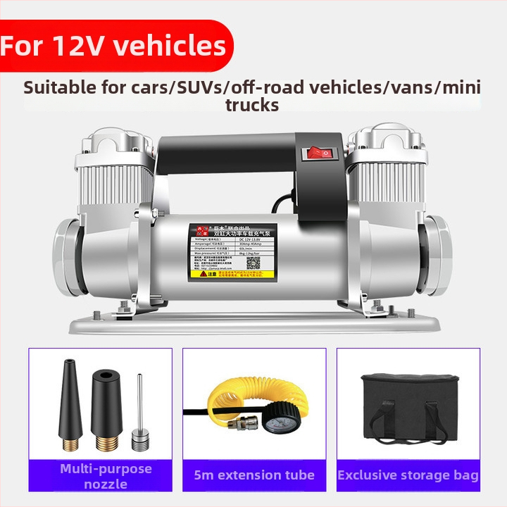Giant Wood dvojcylinderová automobilová pumpa na vzduch, 12V, 280W+, kovová konštrukcia, 5 m hadica, tlakoměr