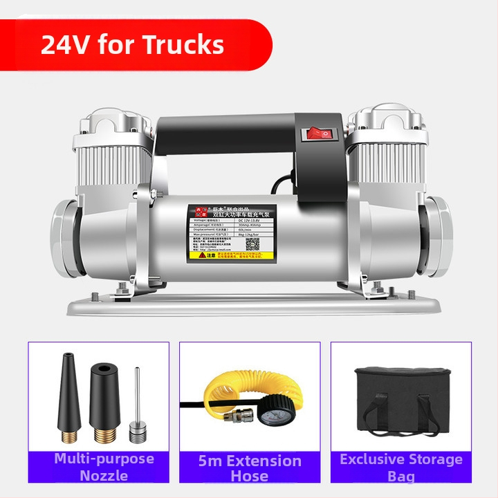 Giant Wood dvojcylinderová automobilová pumpa na vzduch, 12V, 280W+, kovová konštrukcia, 5 m hadica, tlakoměr