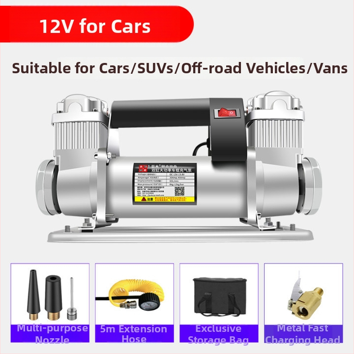 Giant Wood dvojcylinderová automobilová pumpa na vzduch, 12V, 280W+, kovová konštrukcia, 5 m hadica, tlakoměr