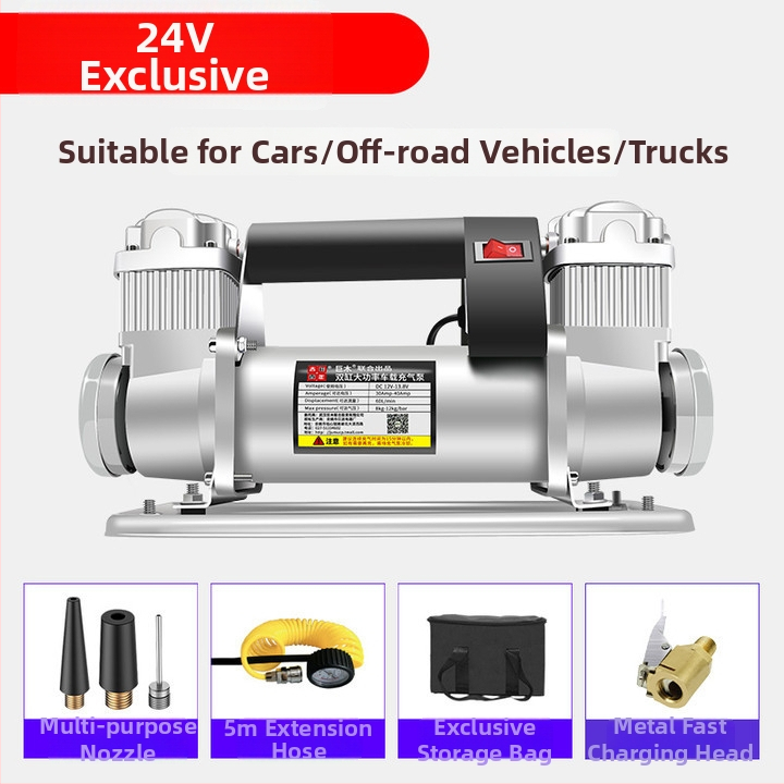 Giant Wood dvojcylinderová automobilová pumpa na vzduch, 12V, 280W+, kovová konštrukcia, 5 m hadica, tlakoměr