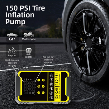 Autóindító készülék beépített pumpával és digitális gumiabroncs-szivattyúval, mindent egyben autóakku és power bank, CE tanúsítvány, bemenet 5/9V, kimenet 5V