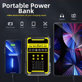 Autóindító készülék beépített pumpával és digitális gumiabroncs-szivattyúval, mindent egyben autóakku és power bank, CE tanúsítvány, bemenet 5/9V, kimenet 5V