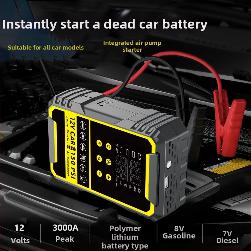 Autóindító készülék beépített pumpával és digitális gumiabroncs-szivattyúval, mindent egyben autóakku és power bank, CE tanúsítvány, bemenet 5/9V, kimenet 5V