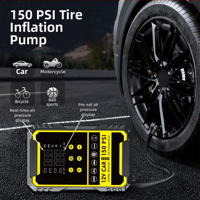 Automašīnas iedarbināšanas iekārta ar iebūvētu pumpu un digitālo riepu gaisa kompresoru, viss vienā ar auto akumulatoru un power banku, CE sertifikāts, ieeja 5/9V, izeja 5V