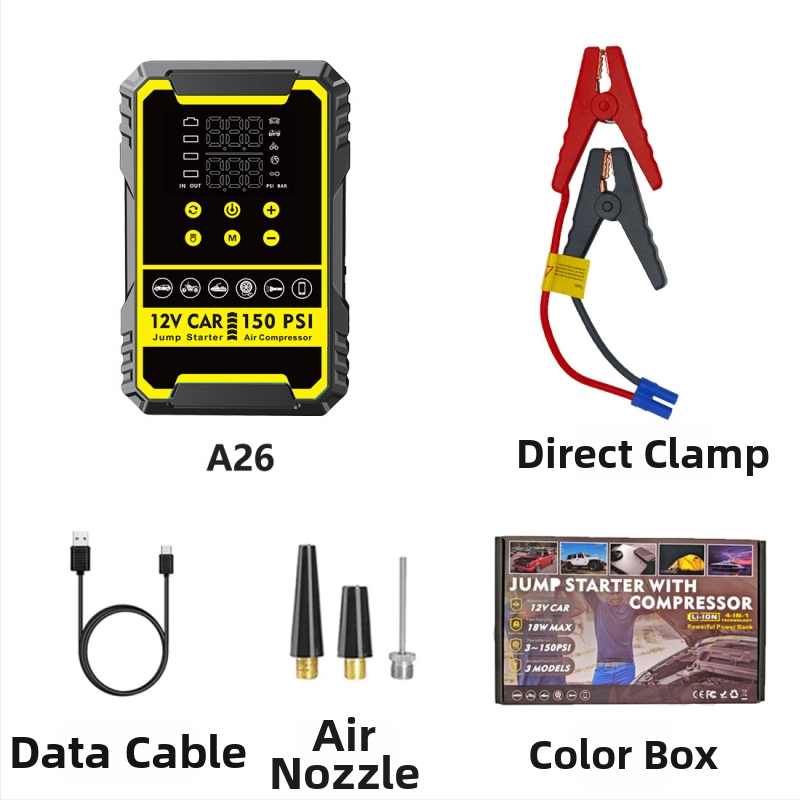Autóindító készülék beépített pumpával és digitális gumiabroncs-szivattyúval, mindent egyben autóakku és power bank, CE tanúsítvány, bemenet 5/9V, kimenet 5V
