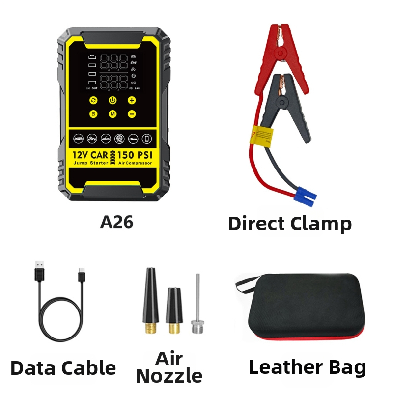 Autóindító készülék beépített pumpával és digitális gumiabroncs-szivattyúval, mindent egyben autóakku és power bank, CE tanúsítvány, bemenet 5/9V, kimenet 5V