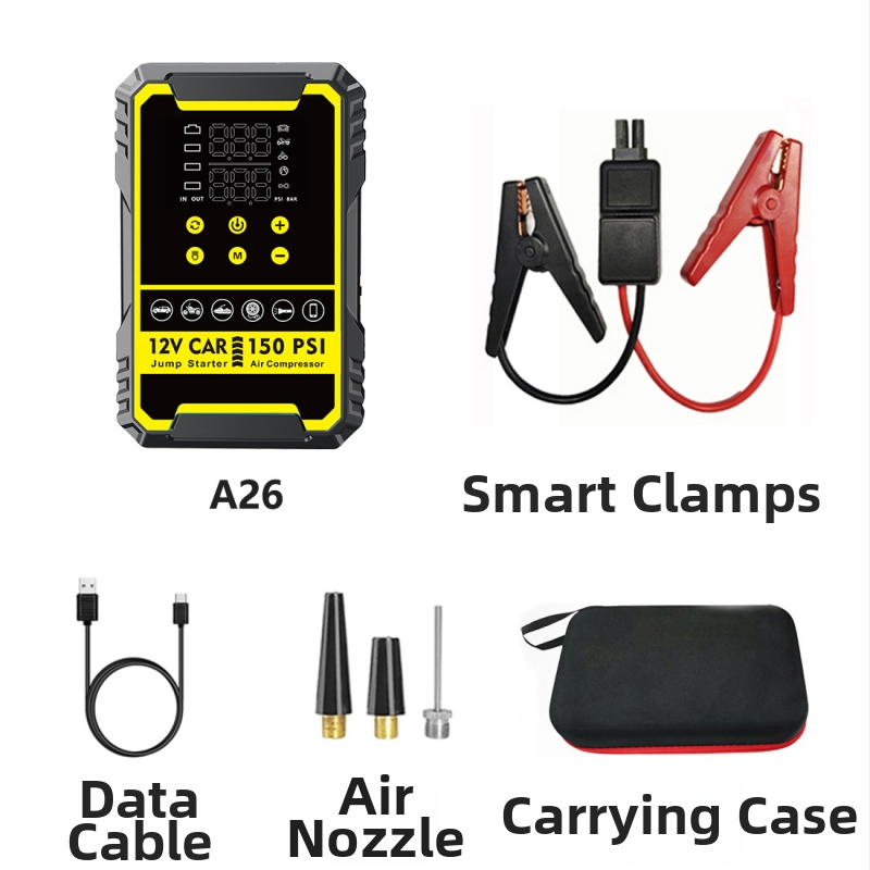 Autóindító készülék beépített pumpával és digitális gumiabroncs-szivattyúval, mindent egyben autóakku és power bank, CE tanúsítvány, bemenet 5/9V, kimenet 5V