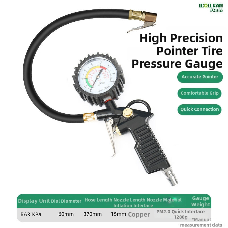 Volvan tlaková pištoľ na pneumatiky s tlakomernou – olejom ponorený manometer, rozsah 0–60 psi, presnosť 0,005, telo z čistého medi