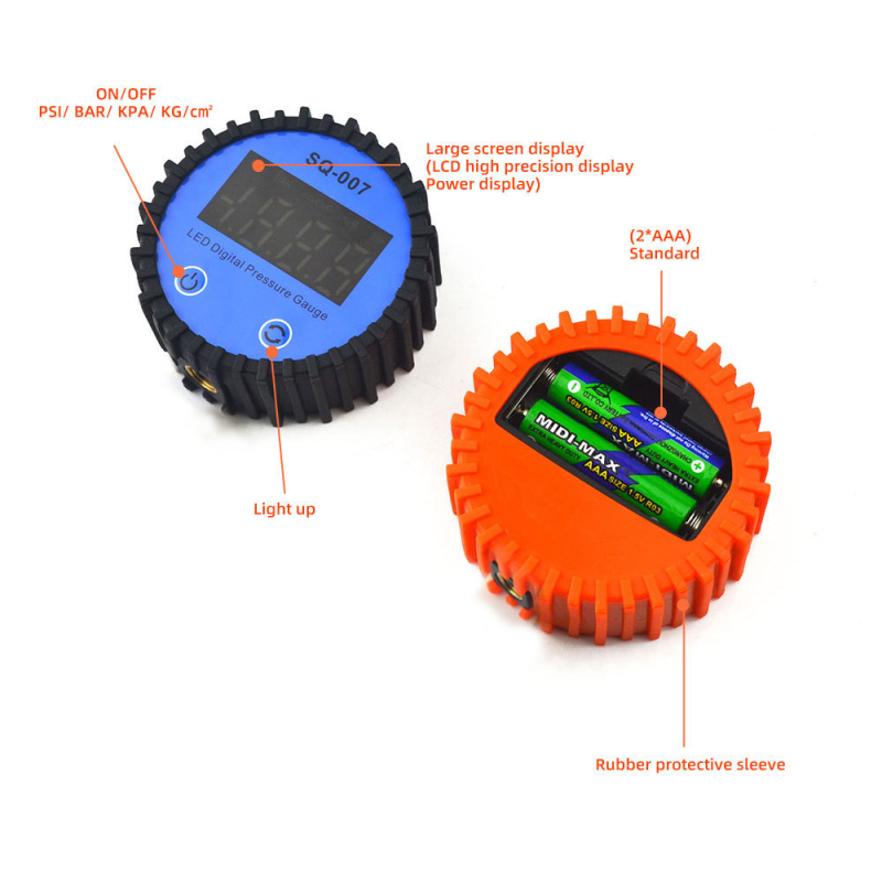 Mjerac tlaka u gumi auta i motocikla s digitalnim LED zaslonom, raspon 0-255 psi / 0-18 bar, preciznost 0,1 psi, pozadinsko osvjetljenje, napajan baterijom AA