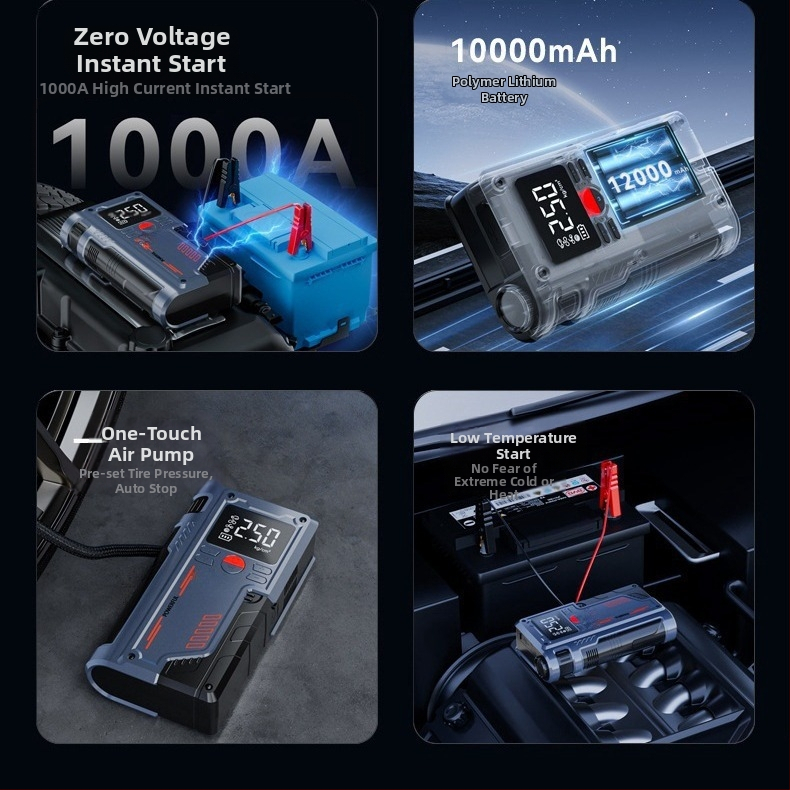 Automobilski hitni starter sa svjetlom, integriranom pumpom za zrak i manometrom, USB napajanje (14.8V, 120W, 8A, 40 L/min, digitalni zaslon)