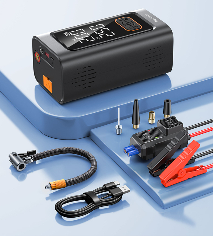 Automobilski uređaj za pokretanje uz ugrađenu pumpu zraka i dvostruki zaslon, sve u jednom, 12V 80W litij baterija, digitalni zaslon, protok zraka 25 L/min, radno vrijeme 5–20 minuta