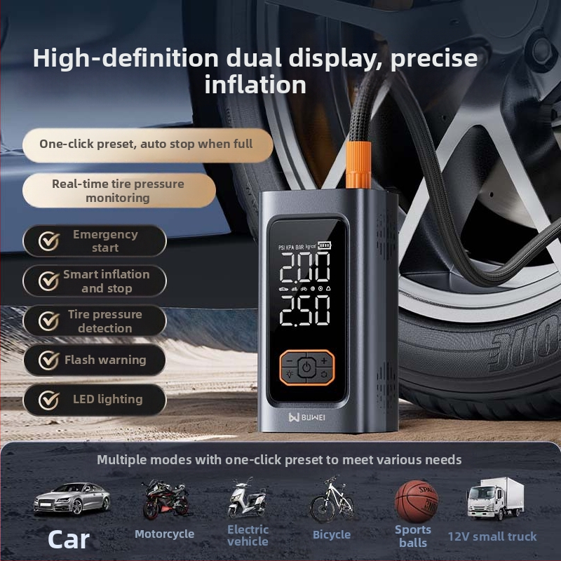 Automobilové štartovacie zariadenie s integrovanou pumpou a dvomi displejmi, všetko v jednom, 12V 80W lítiová batéria, digitálny displej, prietok vzduchu 25 L/min, prevádzka 5–20 min