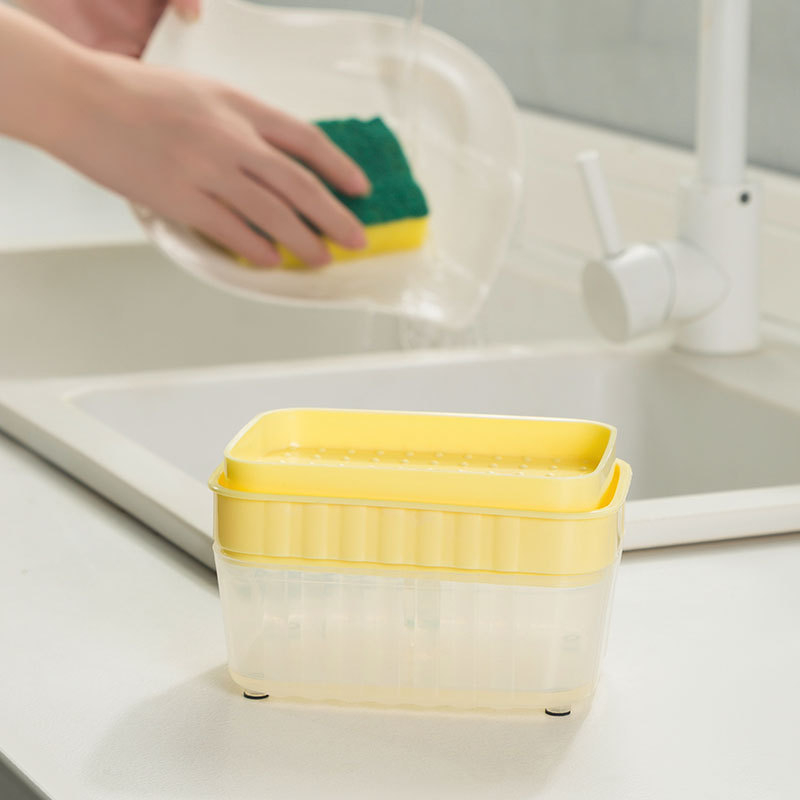 Kuhinjski dozator deterdženta s četkom za čišćenje i sunđerom — Plastika, Ručno pritiska, Težina 120 g, Brend Hum good