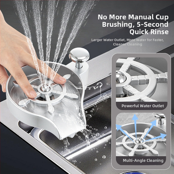 Δύο-σε-ένα πλυντήριο ποτηριών και δοσομετρητής σαπουνιού για μπαρ, Χειροκίνητη πίεση, Μοντέρνος και μινιμαλιστικός σχεδιασμός, Υλικά: Χαλκός, Ανοξείδωτος χάλυβας, Πλαστικό; Βάρος 1 kg; Επιφάνεια: Ηλεκτροπλατίωση