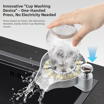 Δύο-σε-ένα πλυντήριο ποτηριών και δοσομετρητής σαπουνιού για μπαρ, Χειροκίνητη πίεση, Μοντέρνος και μινιμαλιστικός σχεδιασμός, Υλικά: Χαλκός, Ανοξείδωτος χάλυβας, Πλαστικό; Βάρος 1 kg; Επιφάνεια: Ηλεκτροπλατίωση