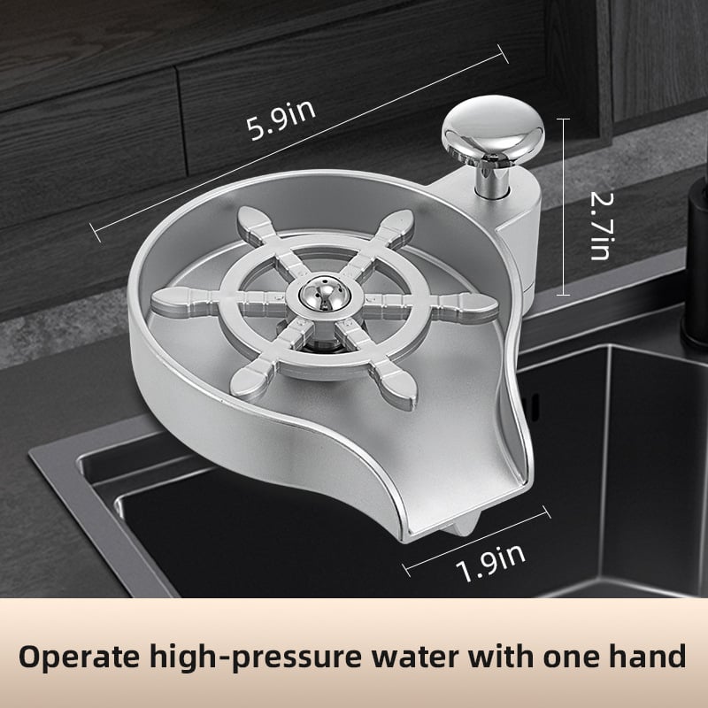 Διπλής λειτουργίας πλυντήριο ποτηριών για νεροχύτη κουζίνας και δοσομετρητής σαπουνιού, με πατητικό μηχανισμό; Υλικά: χαλκός, ανοξείδωτος χάλυβας, πλαστικό; Βάρος: 1 kg; Μοντέρνος μινιμαλιστικός σχεδιασμός