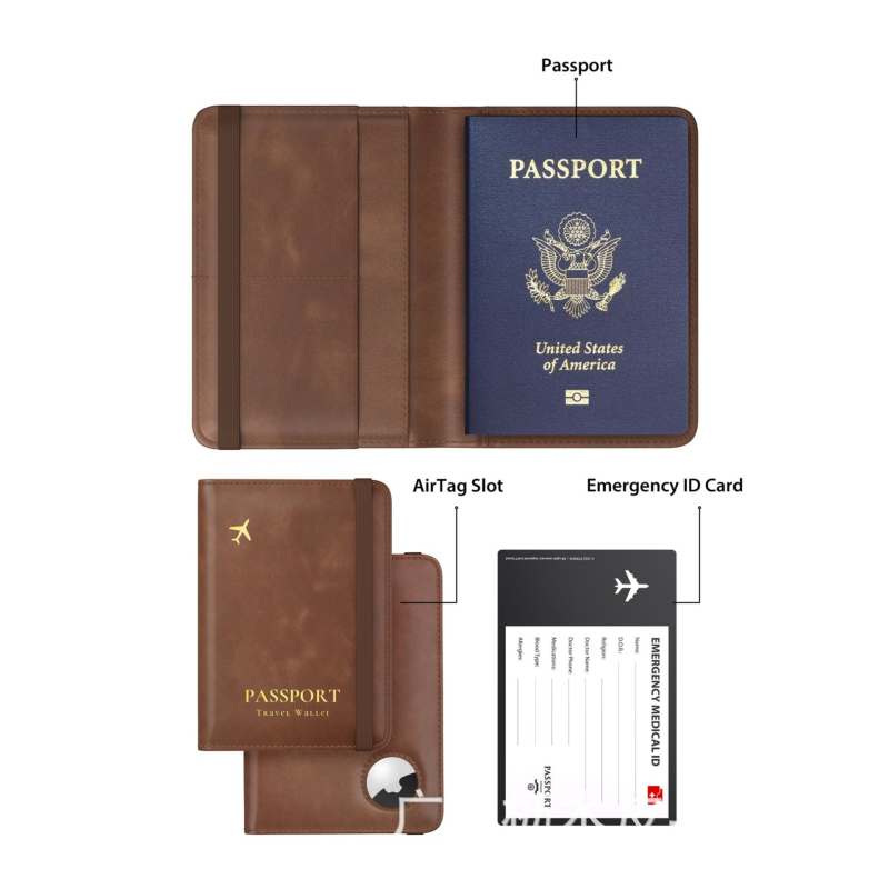Αδιάβροχη PU δερμάτινη θήκη διαβατηρίου με AirTag - 2-σε-1 θήκη, ελαστική ζώνη, θήκη για διαβατήριο και ταυτότητα