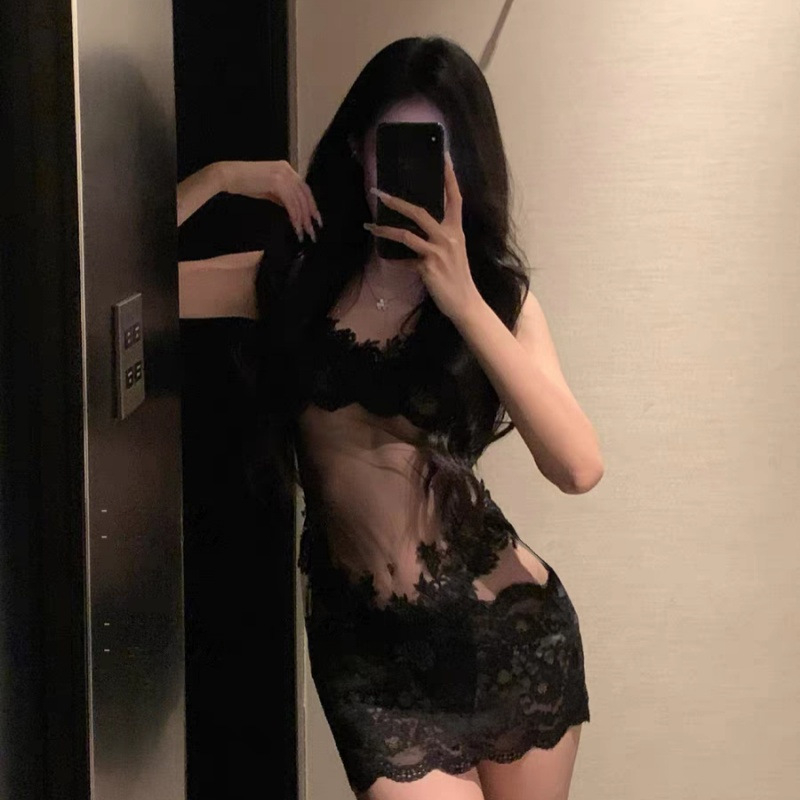 Seksi prozirno čipkasto rublje s izšivanjem, prozirni mrežasti set s naramenicama i otvorenim područjem, noćna haljina