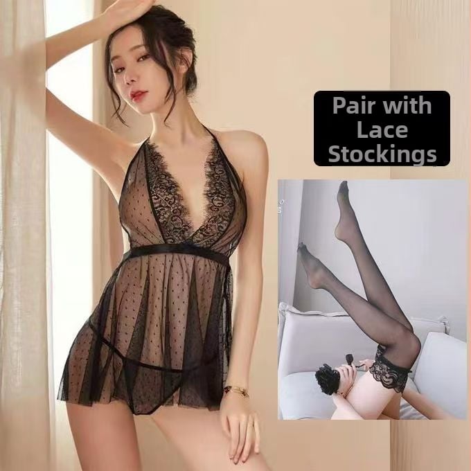 Szexi csipkés hálóing áttetsző hálóval és halterneck dizájnnal nőknek (80–90% poliészter)