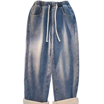 Γυναικείες τζίν με επένδυση φλίς, υψηλή μέση, ίσια γραμμή, χειμώνας 2025, βαμβακετό ντένιμ