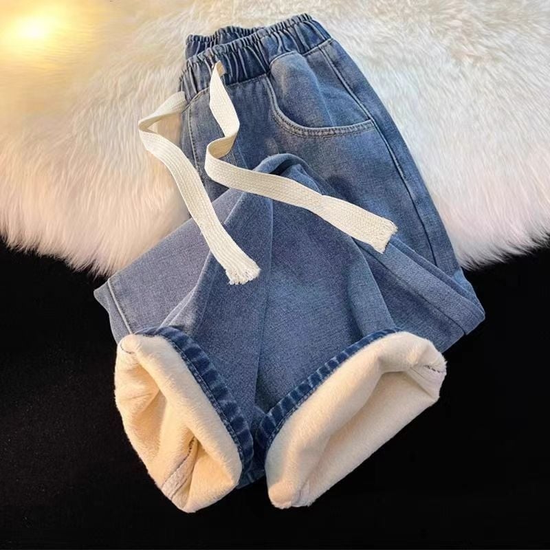 Γυναικείες τζίν με επένδυση φλίς, υψηλή μέση, ίσια γραμμή, χειμώνας 2025, βαμβακετό ντένιμ