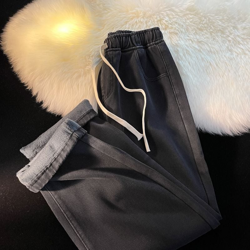 Γυναικείες τζίν με επένδυση φλίς, υψηλή μέση, ίσια γραμμή, χειμώνας 2025, βαμβακετό ντένιμ