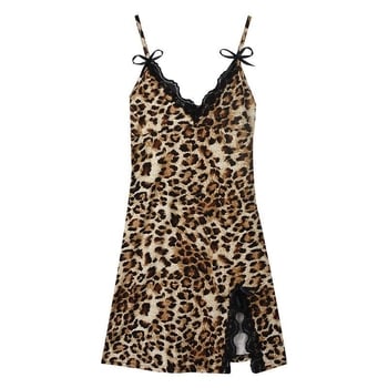 Leopard otisak seksi set donjeg rublja, noćna haljina s naramenicama, cheongsam stil s čarapama, čipkana mašna, poliester