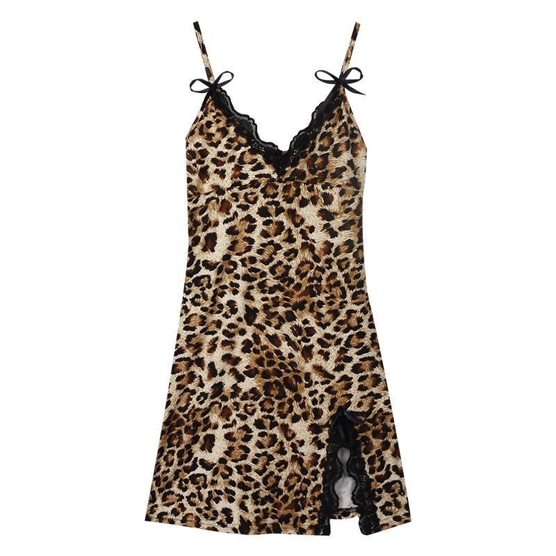 Leopard otisak seksi set donjeg rublja, noćna haljina s naramenicama, cheongsam stil s čarapama, čipkana mašna, poliester
