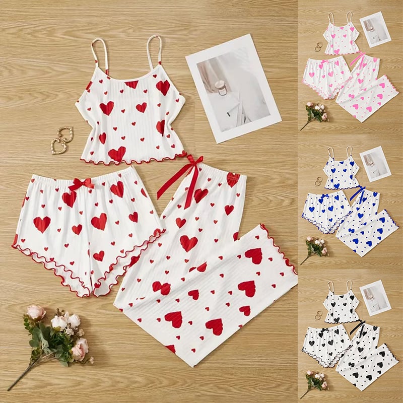 Slatki trodijelni kućni set s camisole topom i otisom srca za žene, ljeto, europski i američki stil