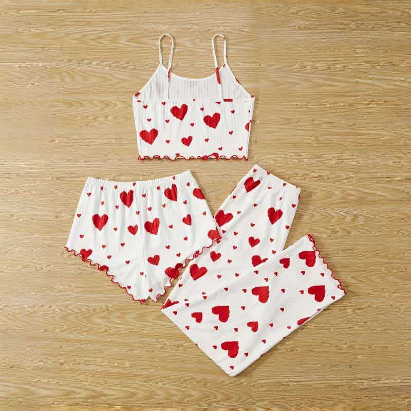 Slatki trodijelni kućni set s camisole topom i otisom srca za žene, ljeto, europski i američki stil