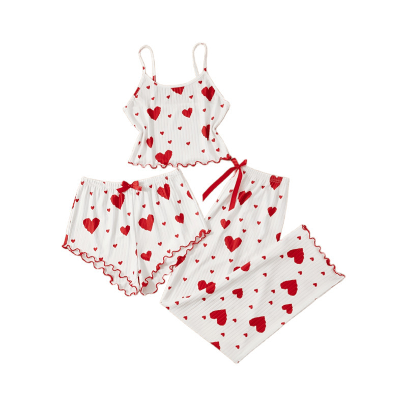 Slatki trodijelni kućni set s camisole topom i otisom srca za žene, ljeto, europski i američki stil