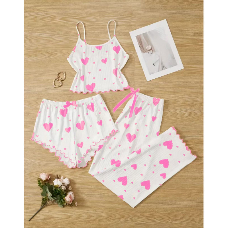 Slatki trodijelni kućni set s camisole topom i otisom srca za žene, ljeto, europski i američki stil